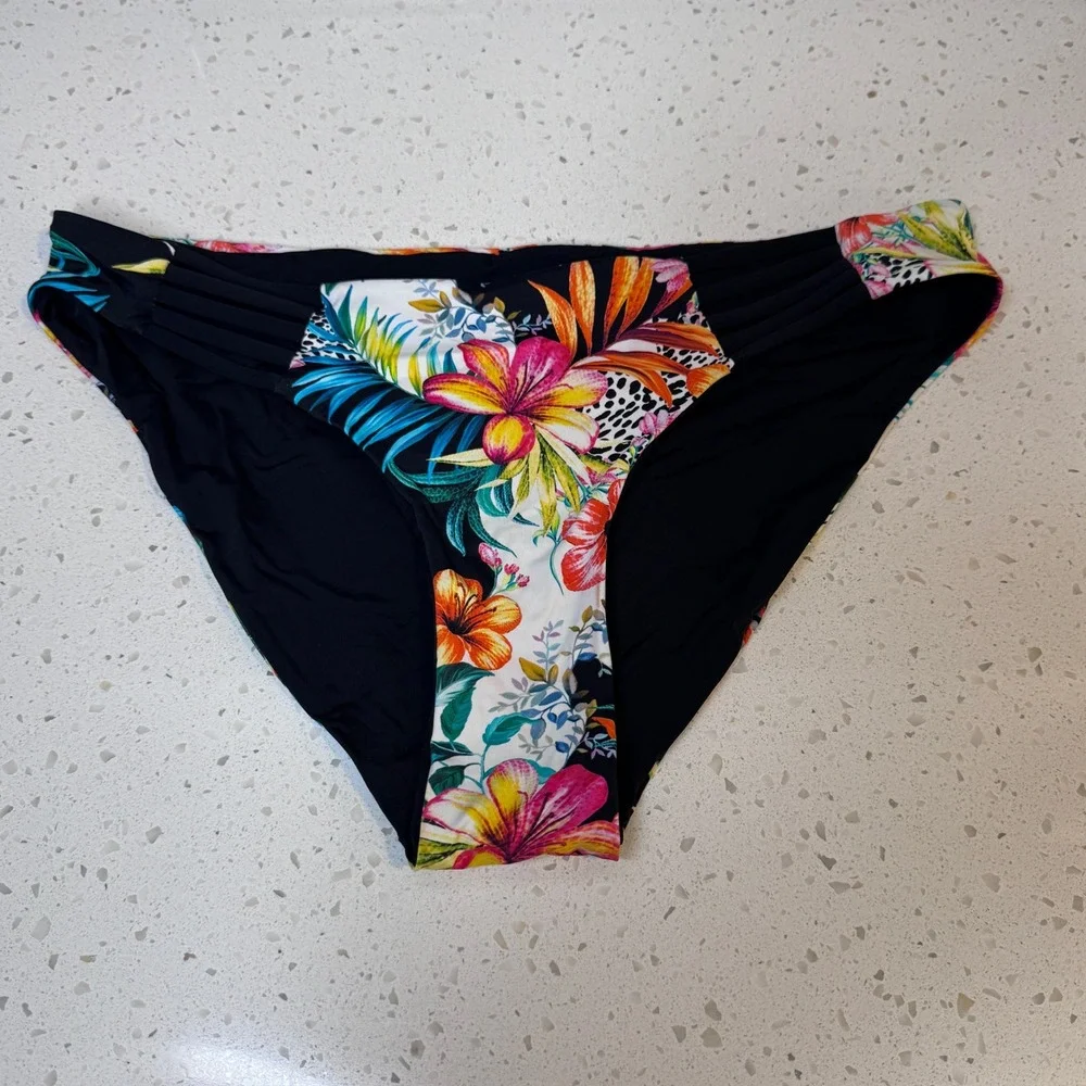 Tropical Floral Leopard Print Strappy Side Hipster Bikini Bottoms Black Medium